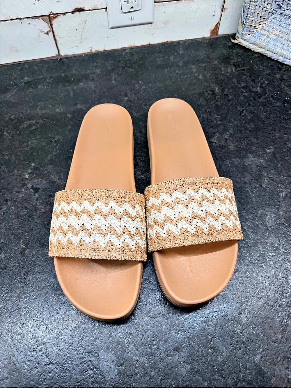 Woven Strap Sandals in Brown & White Like New
